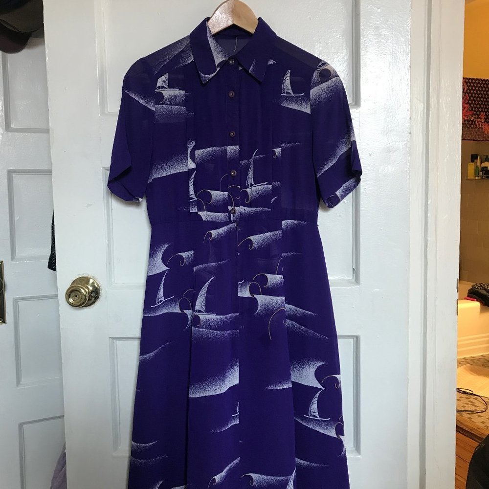 Vintage Purple Sailboat Print Shirtdress